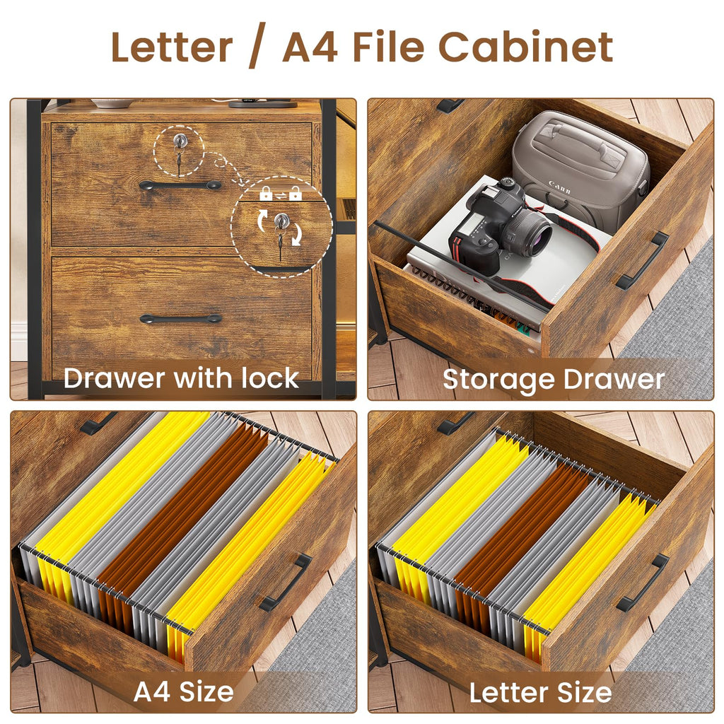 35.4” File Cabinet with 2 Drawer, Power Strip, LED Lights, Lock, Open Shelf, Rustic Brown U8911