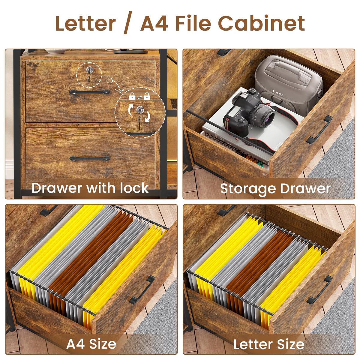 35.4” File Cabinet with 2 Drawer, Power Strip, LED Lights, Lock, Open Shelf, Rustic Brown U8911