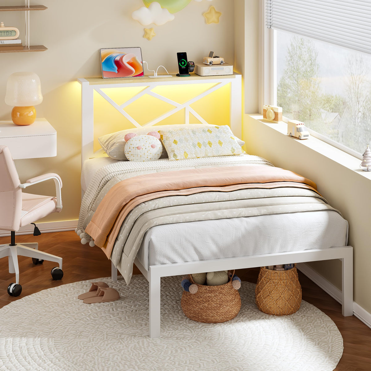 White Twin Metal Bed Frame with USB Charging Station M74879