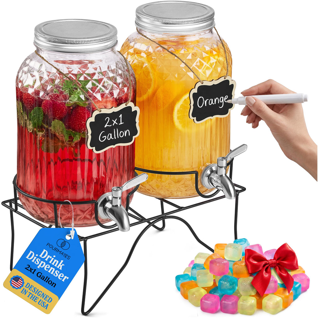 2 Gallon Glass Drink Dispensers with Stand, 2 Pack K1142