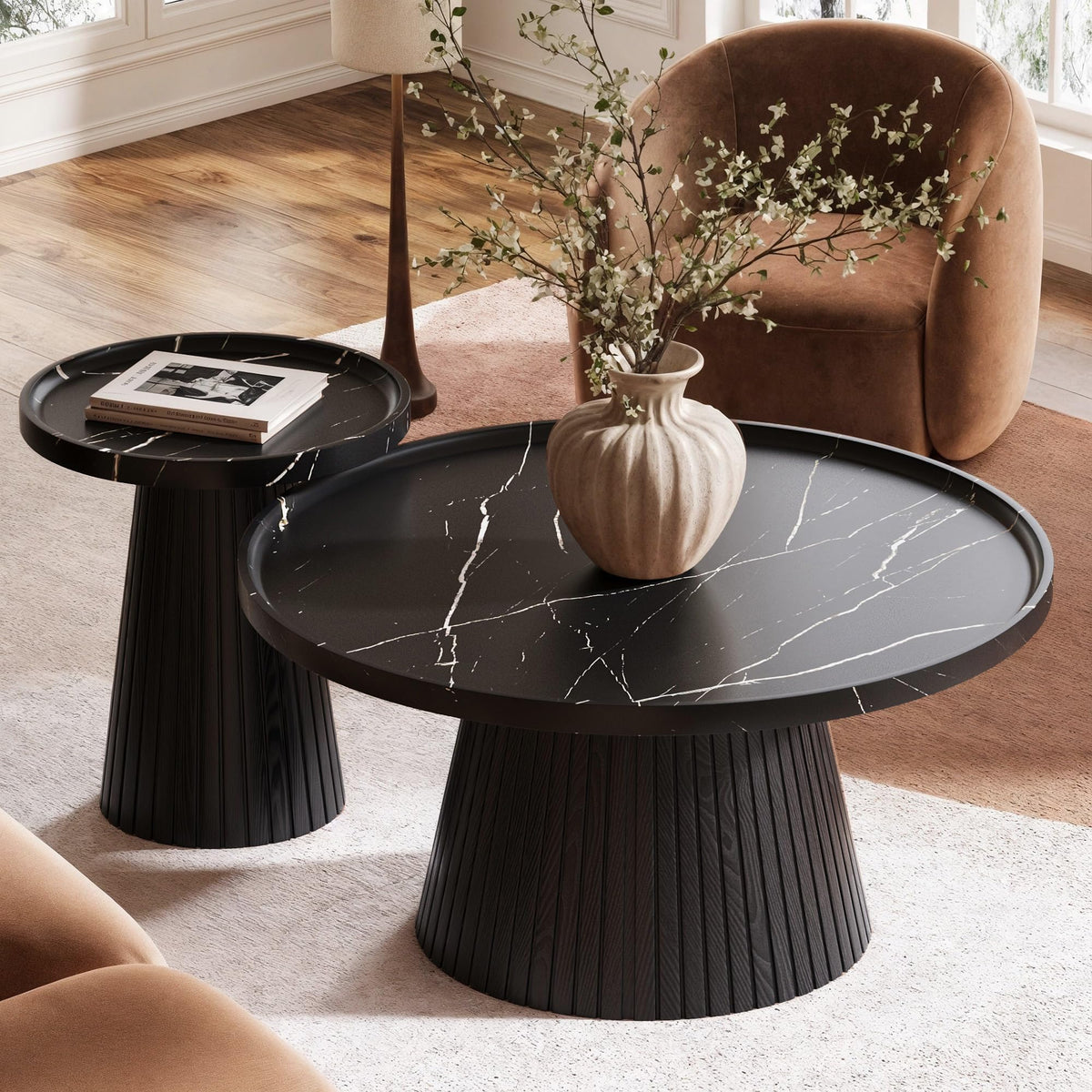 Black Marble Veneer Nesting Coffee Table Set of 2 G886144