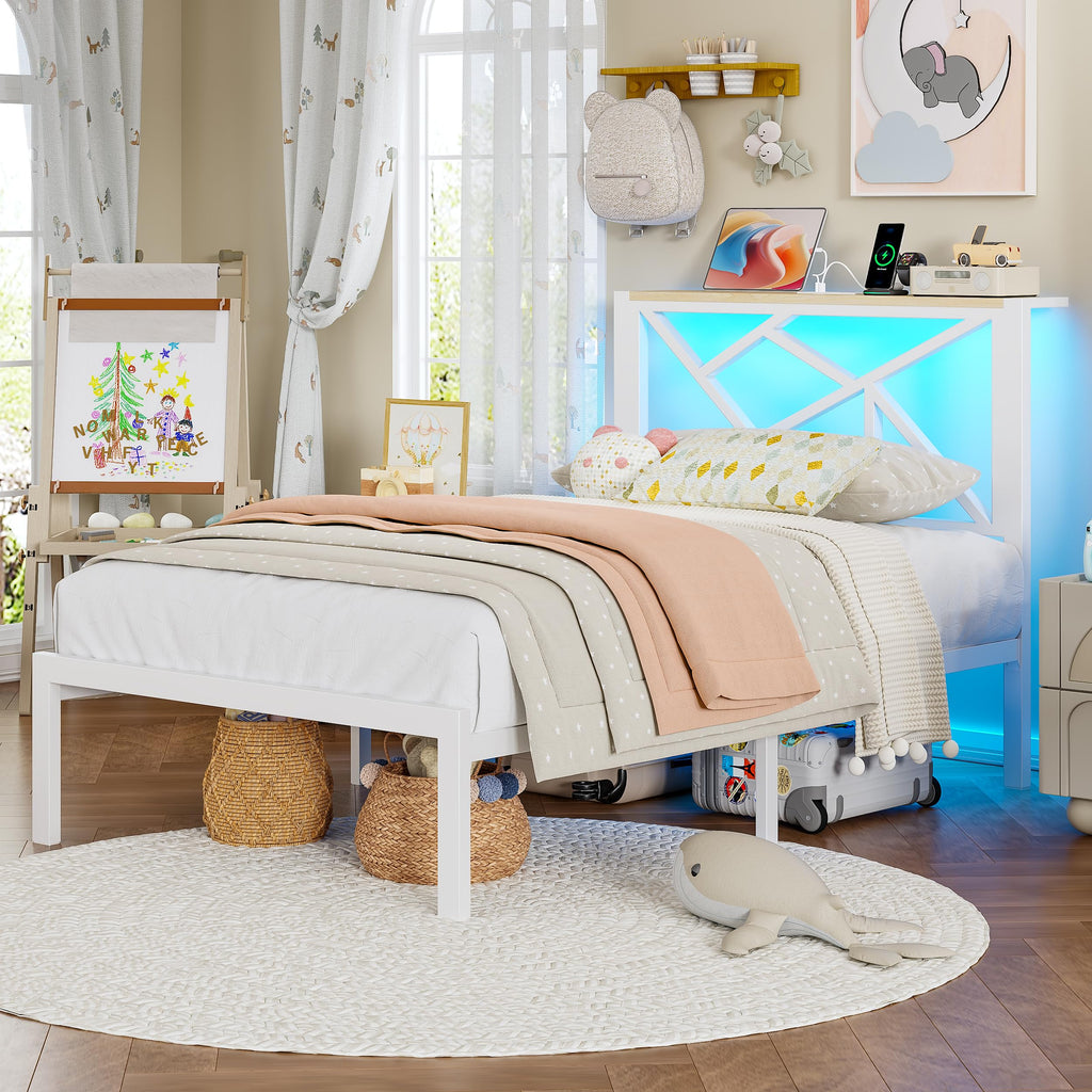 White Twin Metal Bed Frame with USB Charging Station M74879
