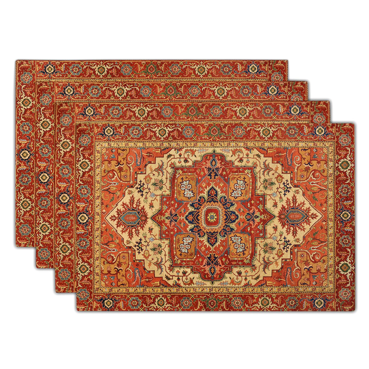 Boho Ethnic Placemats Set of 4 Orange Brown Retro Flower Linen 12"x18" P850