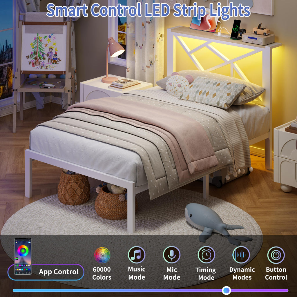 White Twin Metal Bed Frame with USB Charging Station M74879