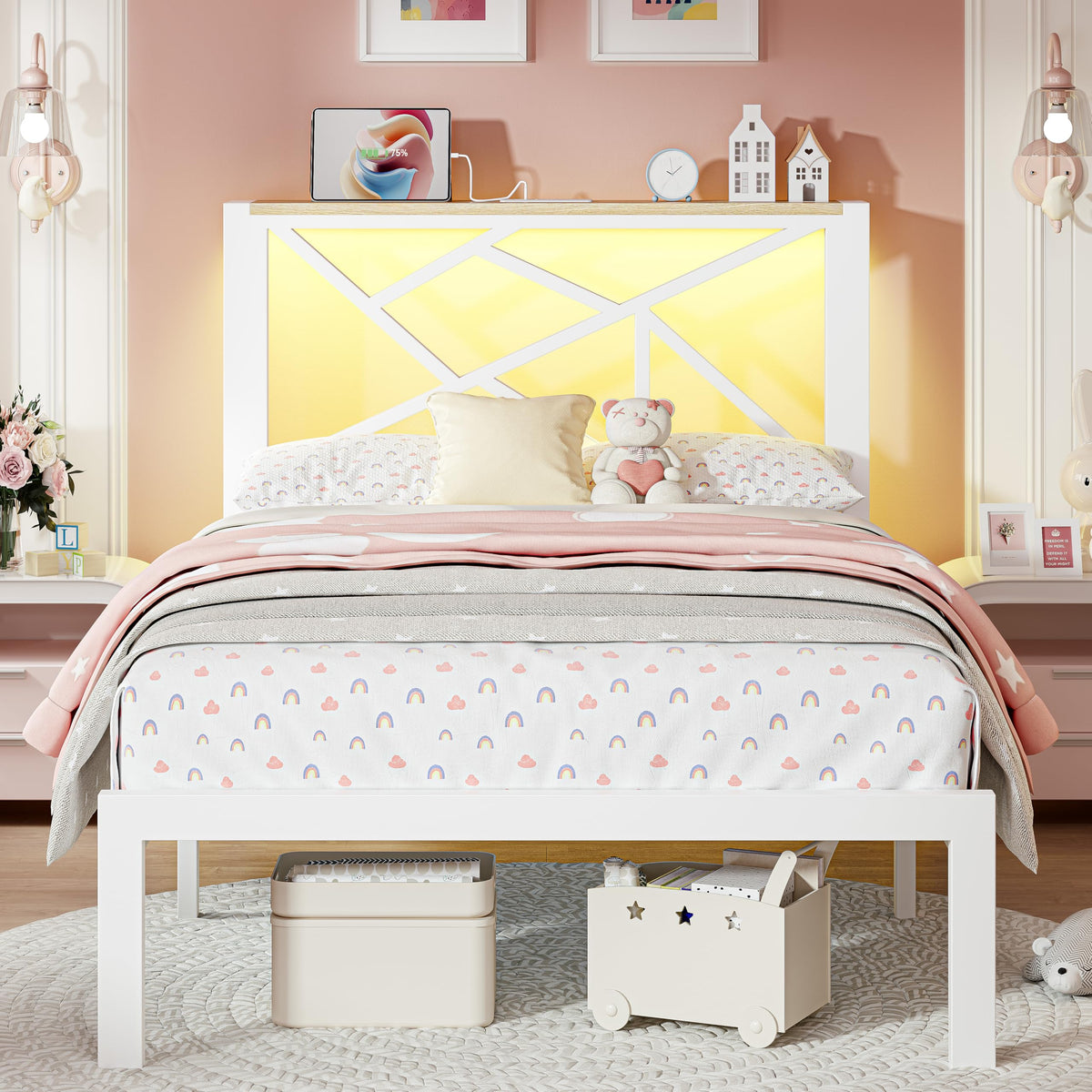 White Twin Metal Bed Frame with USB Charging Station M74879