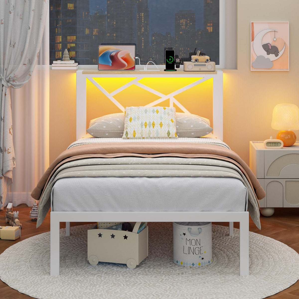 White Twin Metal Bed Frame with USB Charging Station M74879