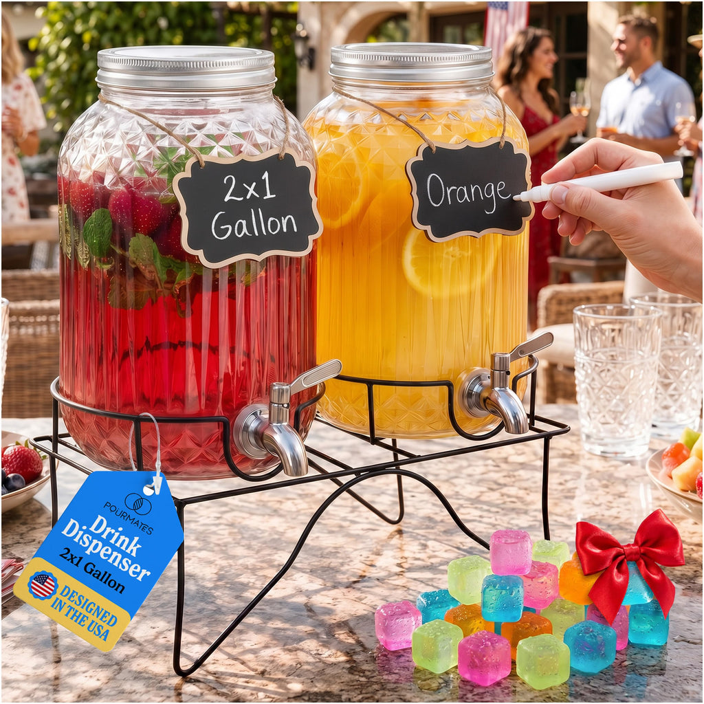 2 Gallon Glass Drink Dispensers with Stand, 2 Pack K1142